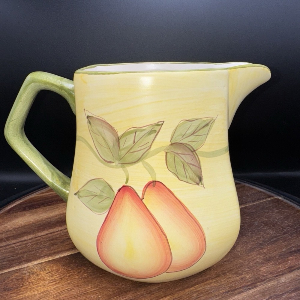 Ceramic Fruit‎ Pitcher Tuscan Style Yellow Pear Peach Hand Painted Large 7in